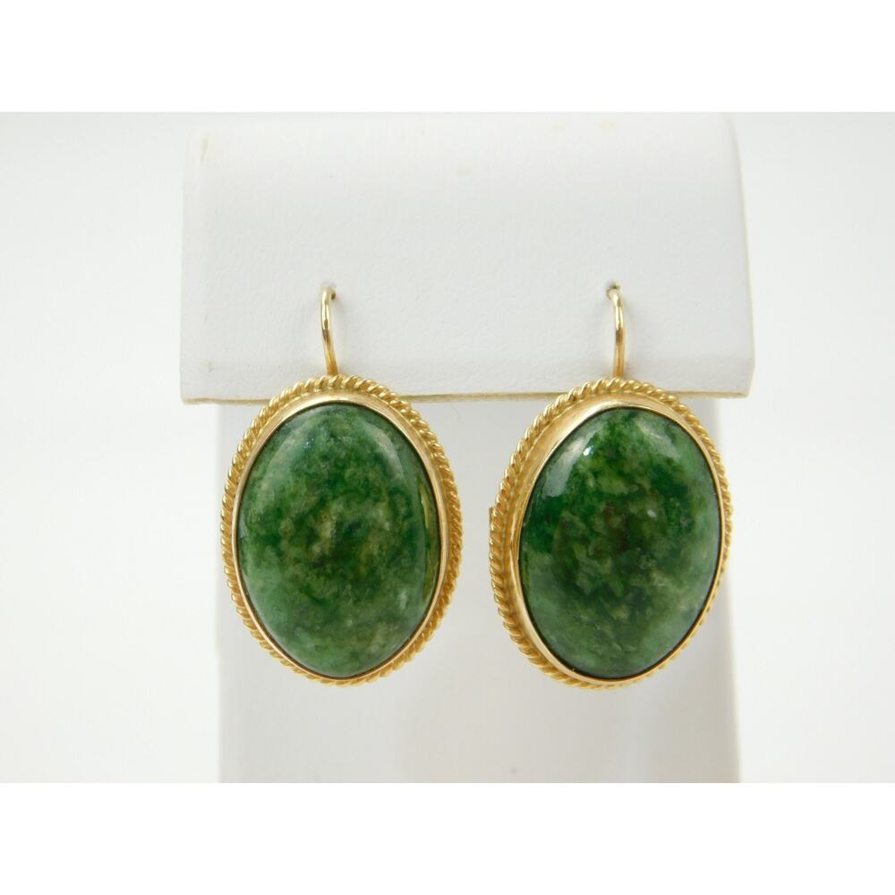 14K Yellow Gold Natural Oval Nephrite Jade Drop Earrings Bezel Set 1" Long 6.3g
